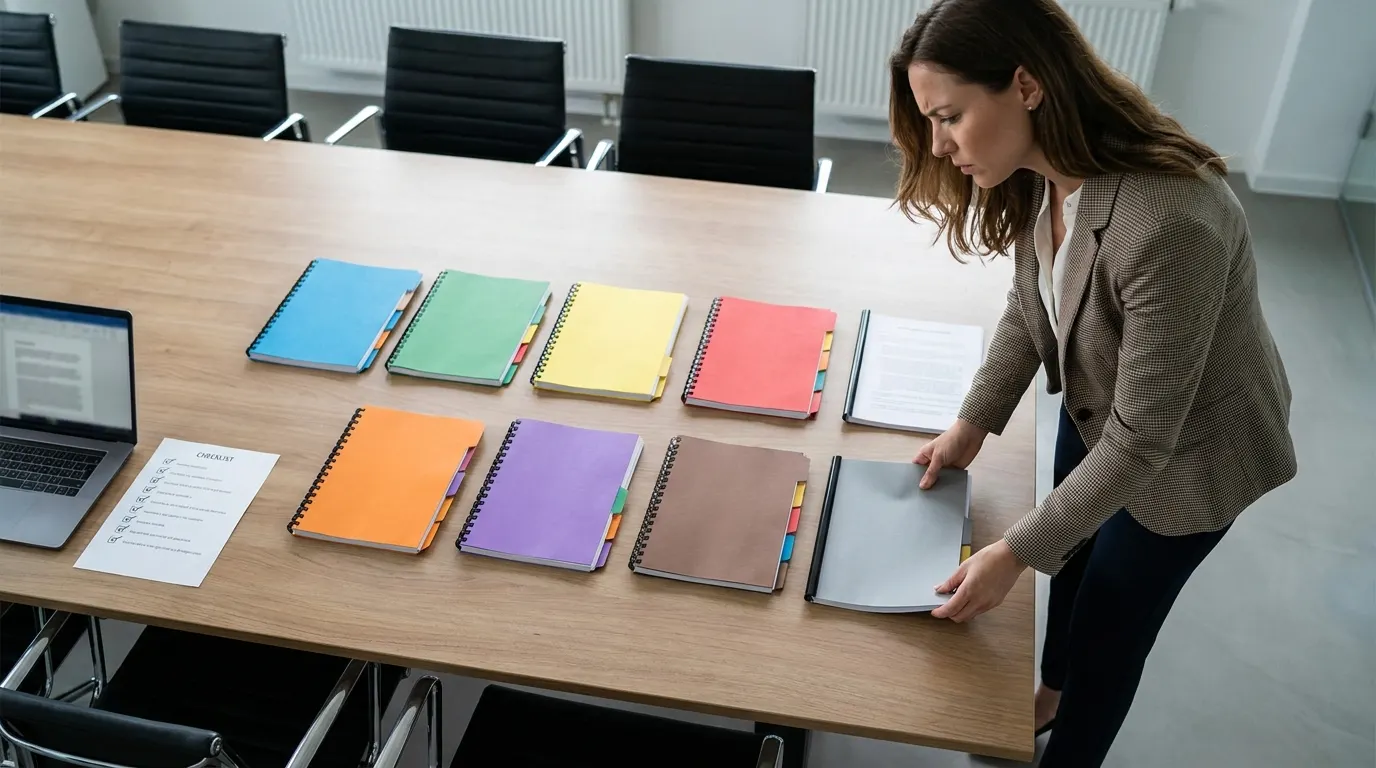 HR professional organizing a complete set of California required personnel policies including harassment prevention CFRA leave and pay transparency documents