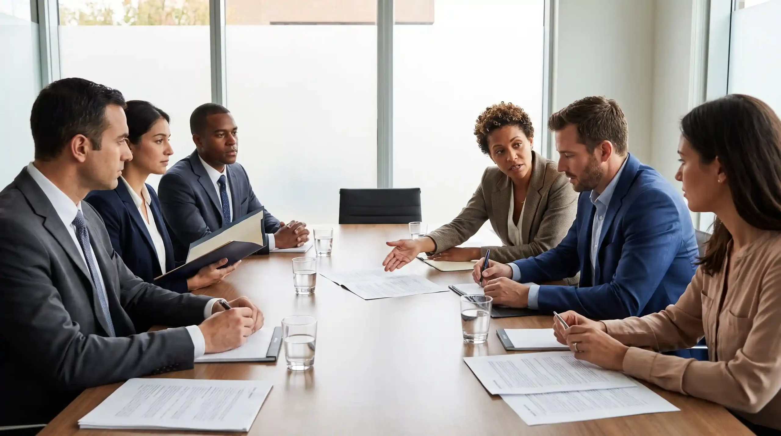 Two groups of business professionals negotiating across a conference table representing collective bargaining for California employers