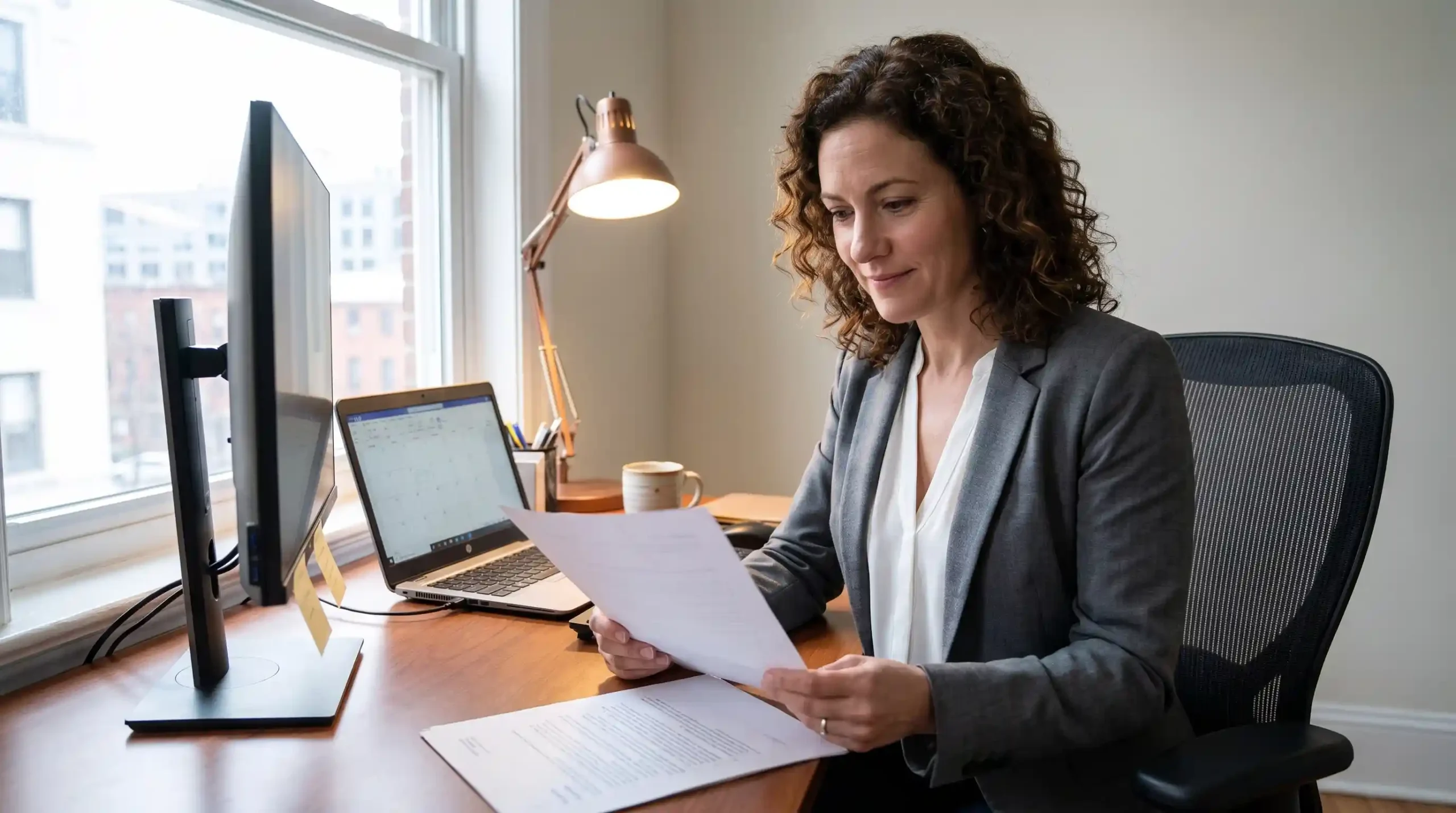 HR director reviewing a DFEH CRD charge notice at her desk with a deadline calendar visible representing California employer defense