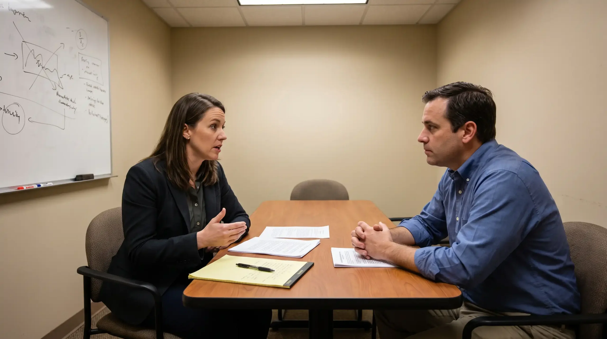 Employment attorney preparing a California employer for a DLSE Berman hearing in a professional conference room setting