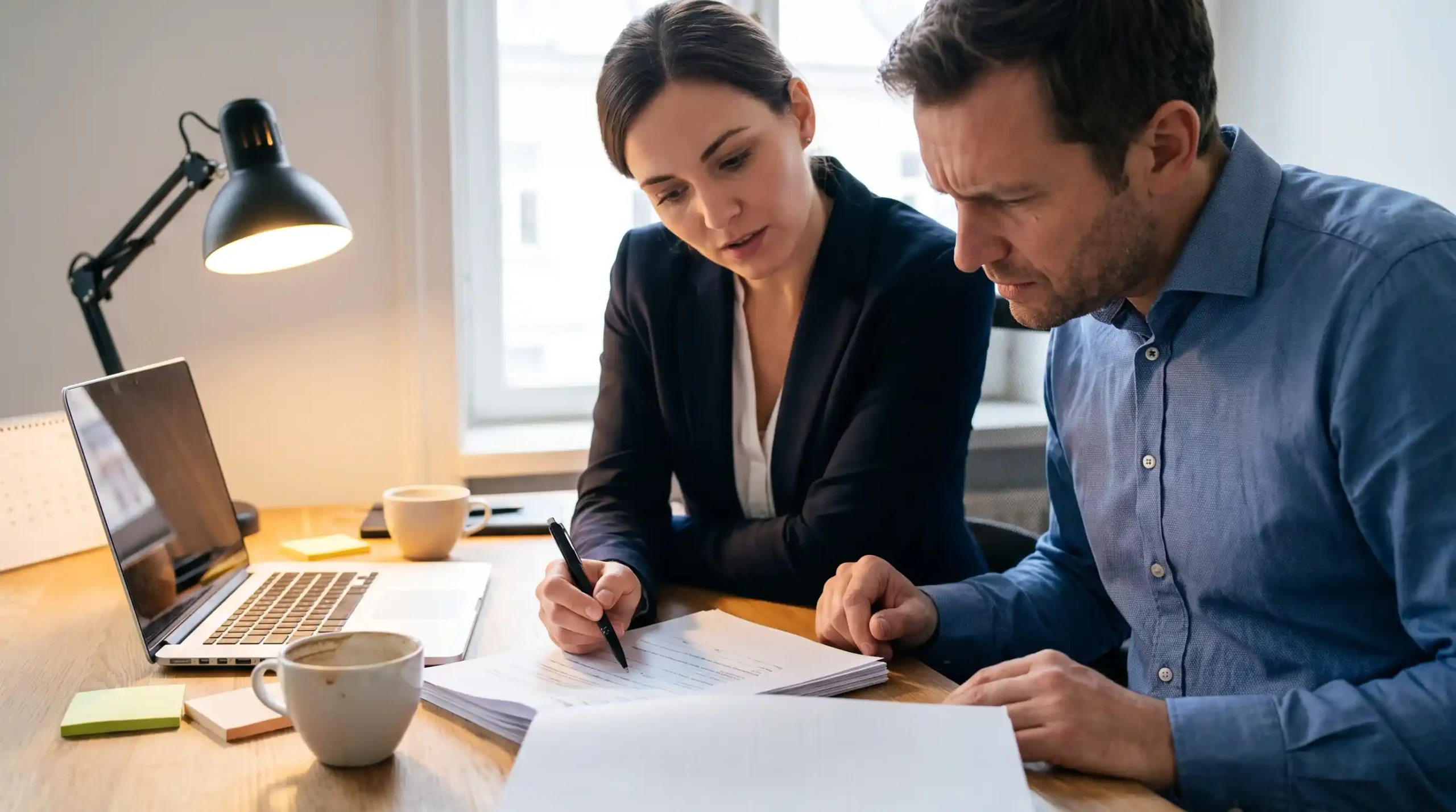 Attorney and employer carefully reviewing an EEOC position statement document together at an office desk in California