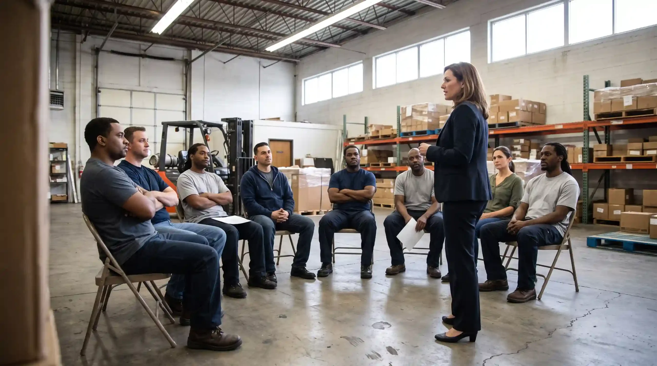 Business manager communicating openly with employees in a California workplace during a union organizing process