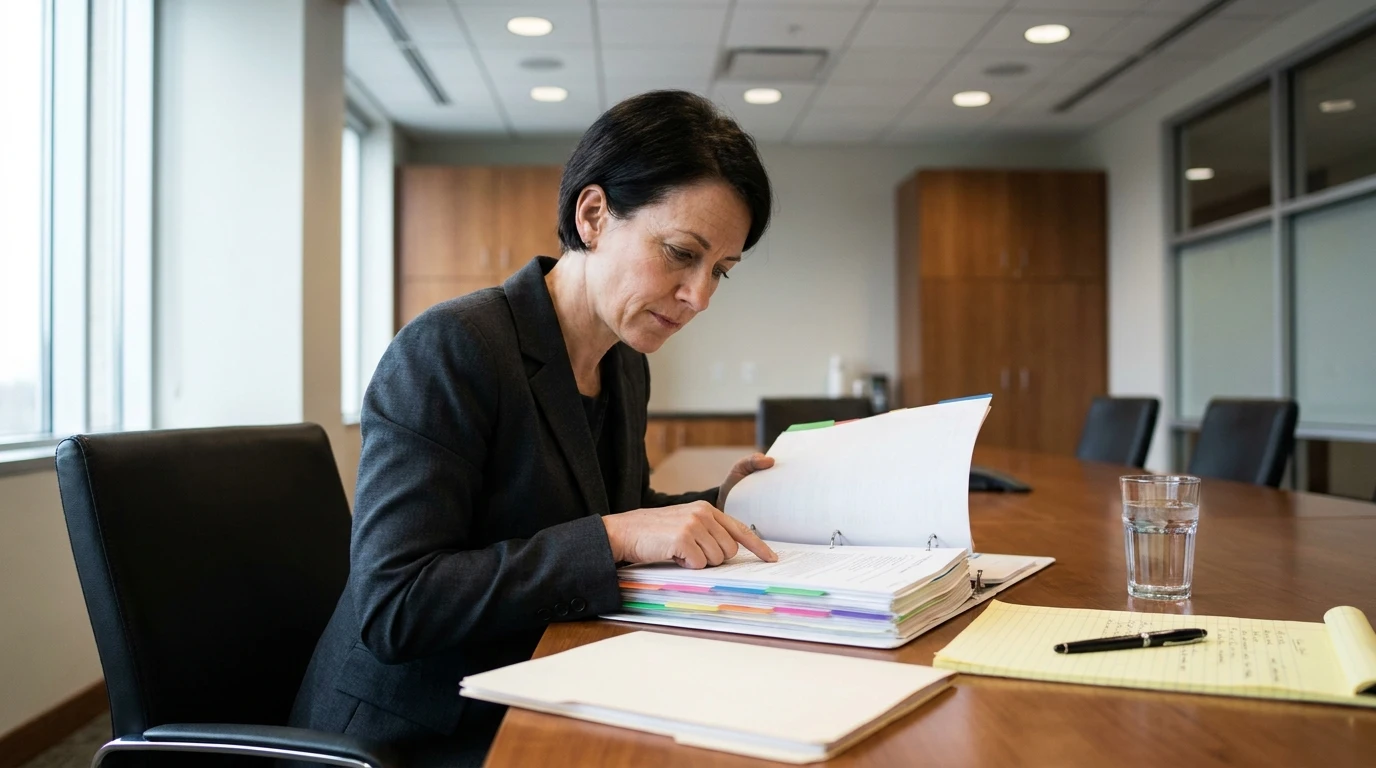 Employment attorney carefully reviewing a workplace harassment and discrimination investigation binder to build a strong employer defense in California