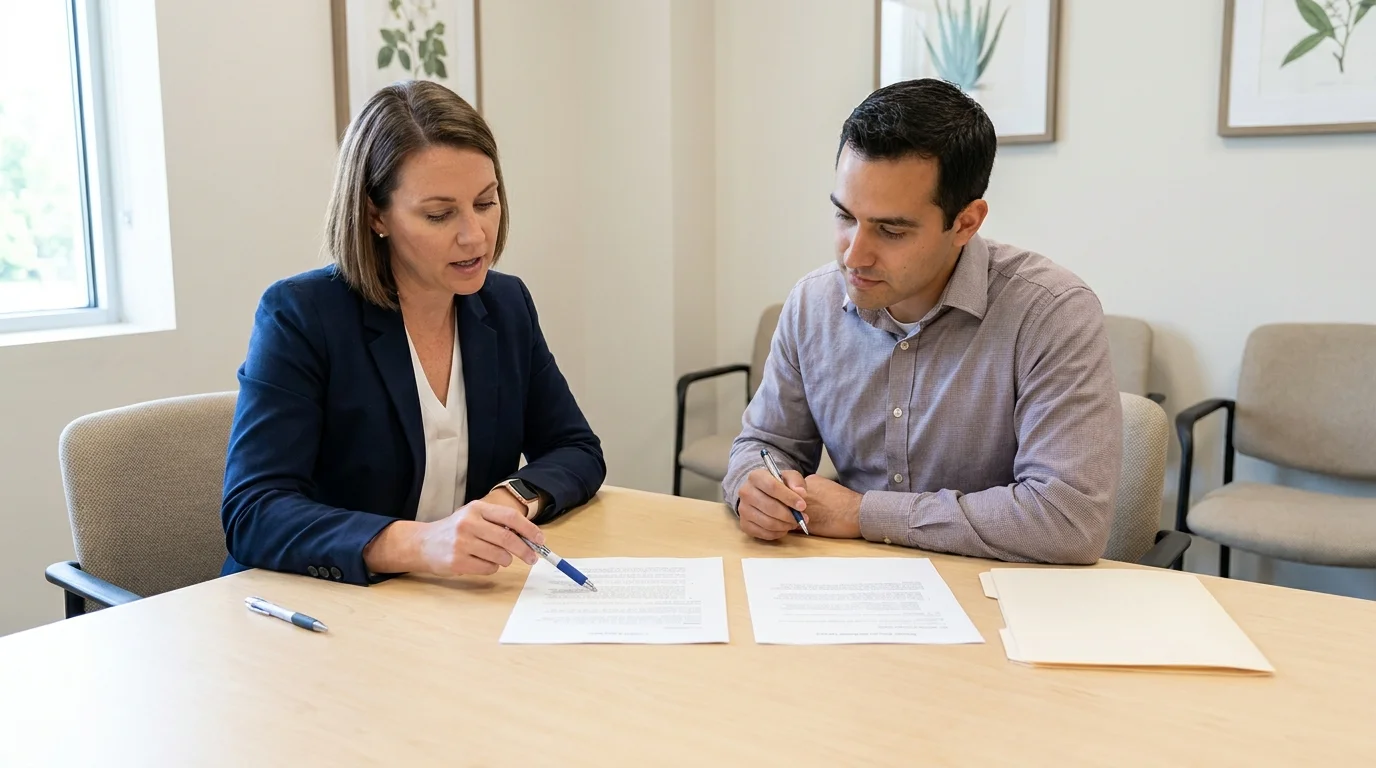 HR manager walking a new hire through compliant offer letter and onboarding documentation for a California employer on day one