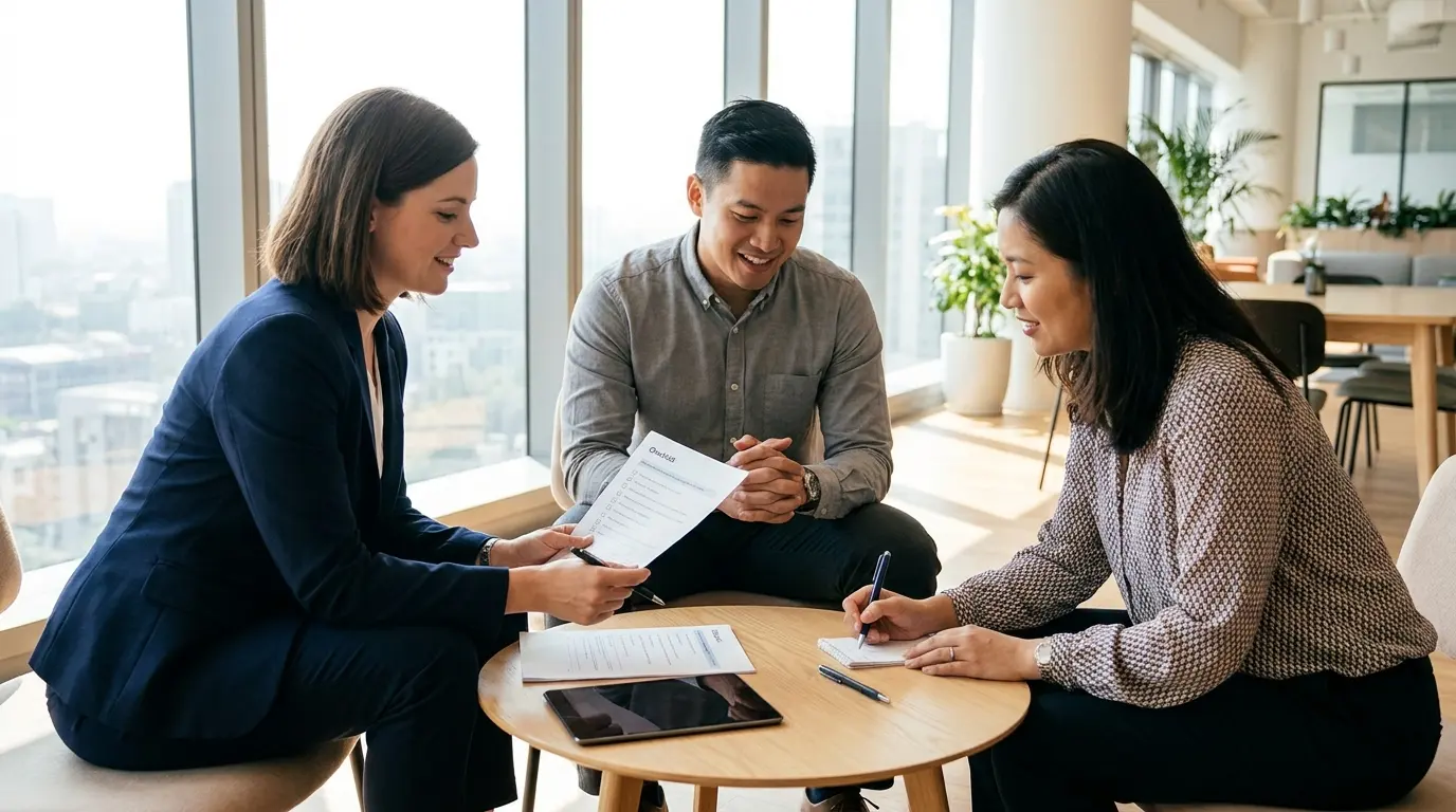 Three professionals collaborating around a table on HR advice and counseling strategy for a California employer defense engagement