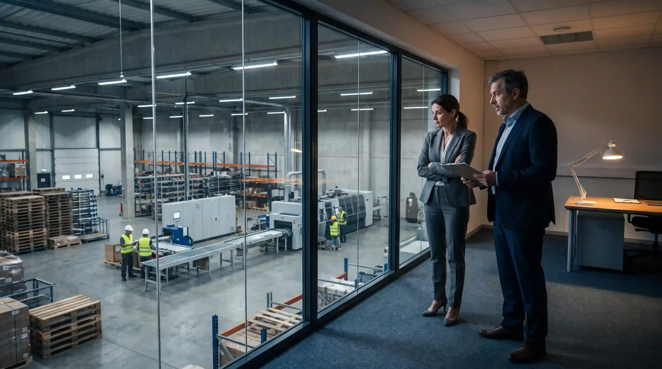 Two business professionals calmly assessing operations through a glass partition representing strategic labor dispute management for California employers