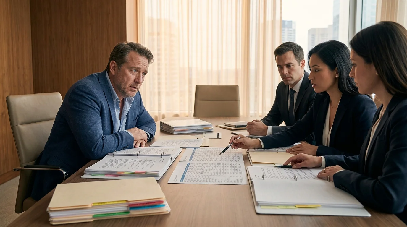 California employer and legal advisors reviewing PAGA and wage and hour class action defense strategy around a document-covered conference table