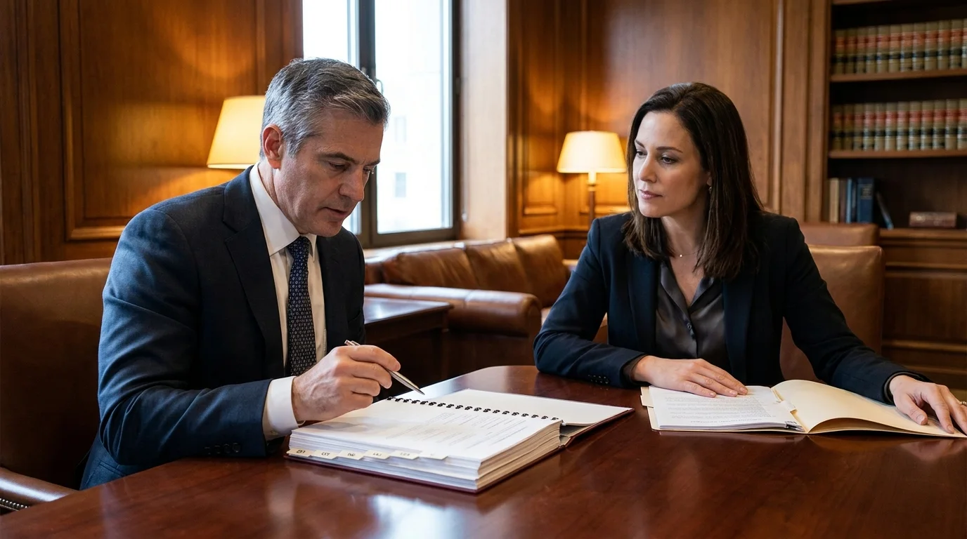Senior executive and attorney reviewing a trade secret and executive separation agreement in a formal California business setting