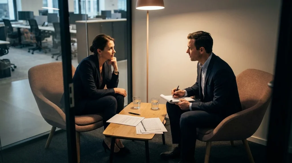 California employer defense attorney and business owner in a private pre-negotiation strategy session for traditional labor law union and collective bargaining representation