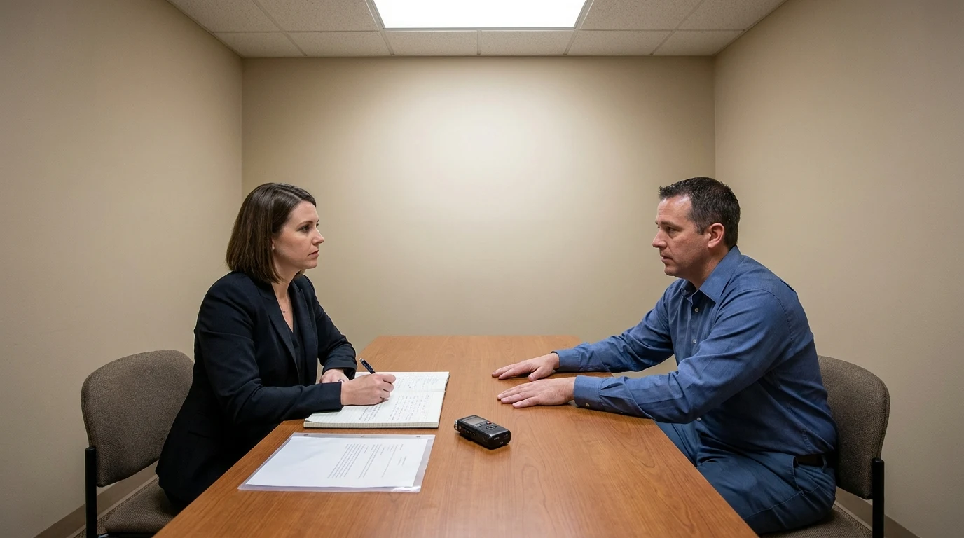 Structured workplace investigation interview between an investigator and employee witness in a formal setting preserving attorney-client privilege for a California employer