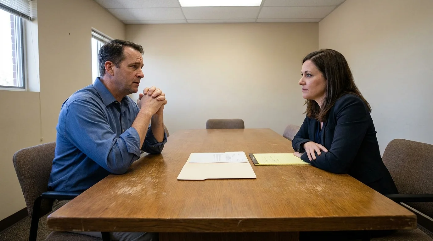 California employer and defense attorney reviewing a wrongful termination case with limited documentation in a straightforward working consultation